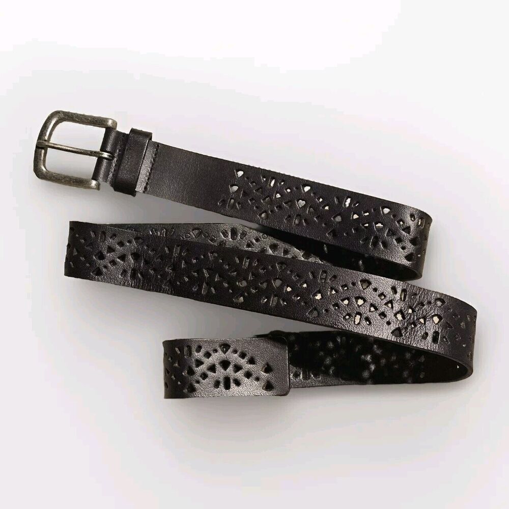 Chicos Black Leather Belt Geometric Floral Cutout Silver D Ring Buckle Sz. S